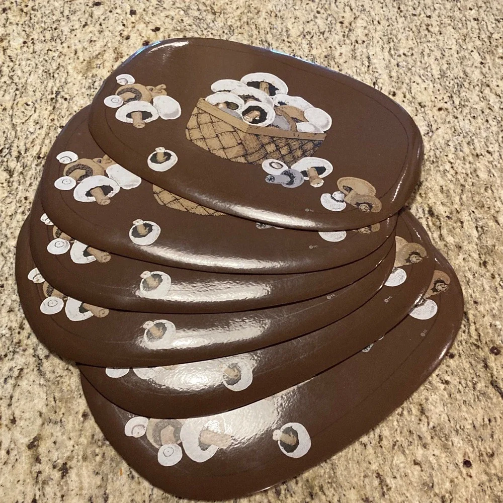 Vintage 1970s Brown Mushroom Basket Melamine‎ Vinyl Placemats Set of 6 Retro